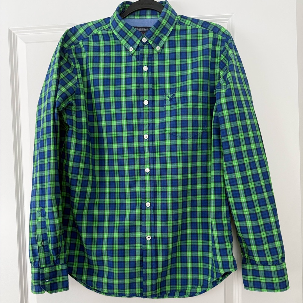 American Eagle Outfitters Blue and Green Plaid Shirt